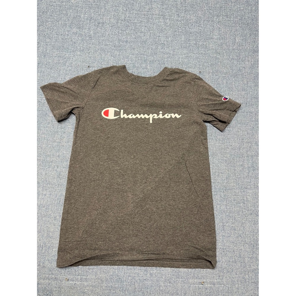 Champion Mens Script Logo T-Shirt Charcoal Gray Heather Short Sleeve Size L